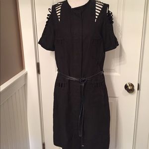 EDUN DRESS BELTED SHIFT BLACK OPEN WORK Size MEDIUM